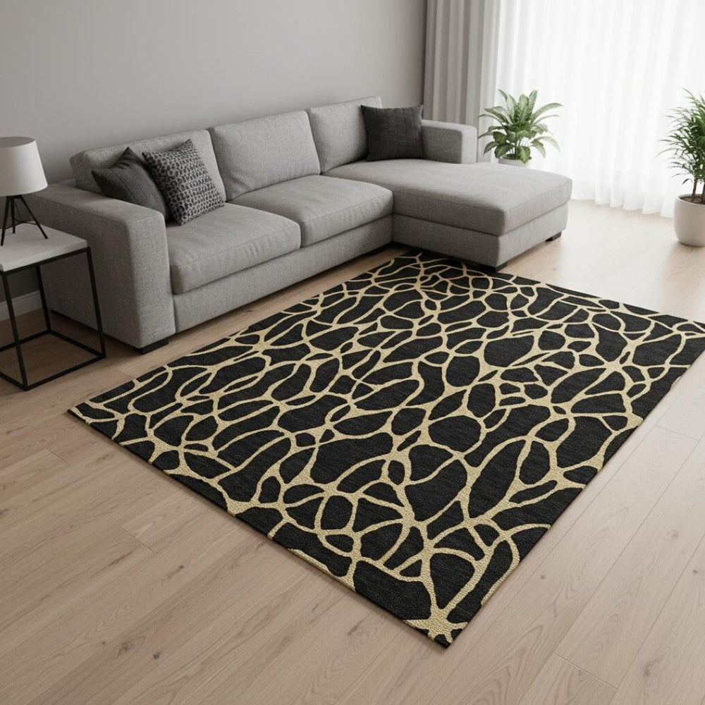 HomeRoots 10' X 14' Black And Gold Geometric Area Rug – Stylish, Washable, UV Protected for Modern Living Spaces 680307