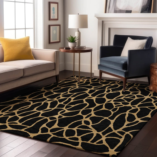 HomeRoots 10' X 14' Black And Gold Geometric Area Rug – Stylish, Washable, UV Protected for Modern Living Spaces 680307