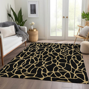 HomeRoots 10' X 14' Black And Gold Geometric Area Rug – Stylish, Washable, UV Protected for Modern Living Spaces 680307