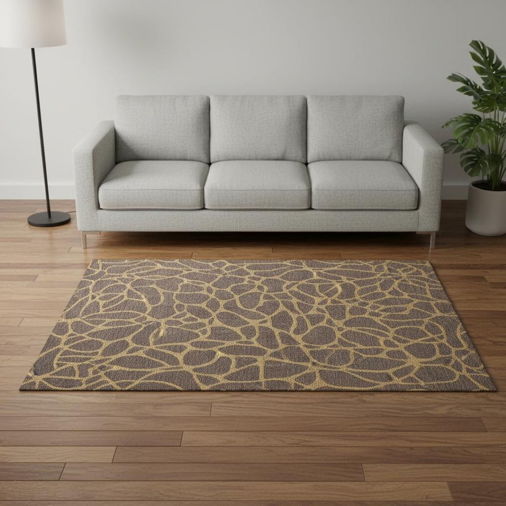 HomeRoots 5' X 8' Brown And Gold Geometric Area Rug – Stylish, Washable Design with UV Protection for Homes 680309