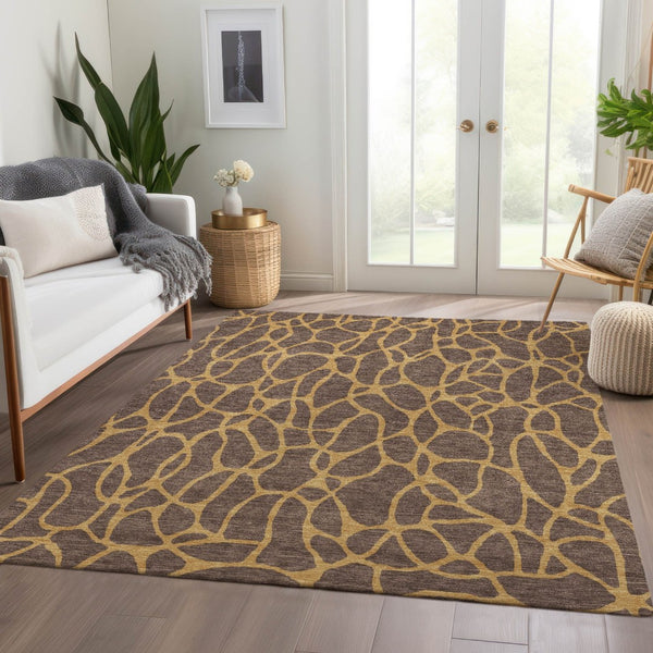 HomeRoots 5' X 8' Brown And Gold Geometric Area Rug – Stylish, Washable Design with UV Protection for Homes 680309