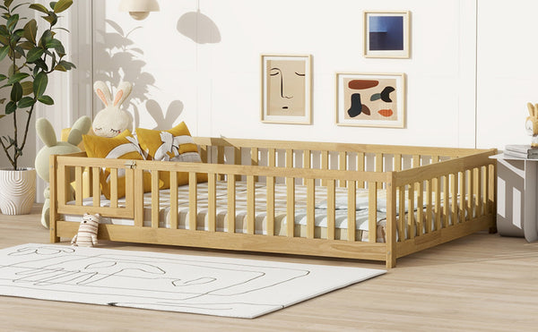 English Elm Twin Size Rubberwood Floor Bed with Safety Fence for Toddler Rooms Natural Finish W504P370533