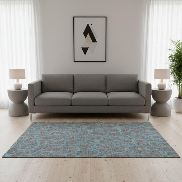HomeRoots 5' X 8' Gray And Aqua Geometric Washable Area Rug – Stylish, Durable, UV-Protected for Busy Homes 680321
