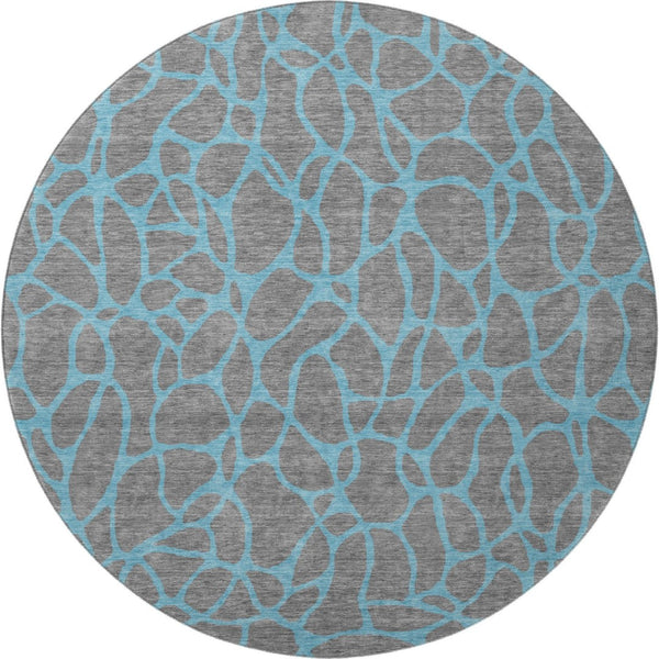 HomeRoots 8' Gray and Aqua Geometric Round Rug – Washable, UV-Protected, Stylish & Durable for Active Homes 680322