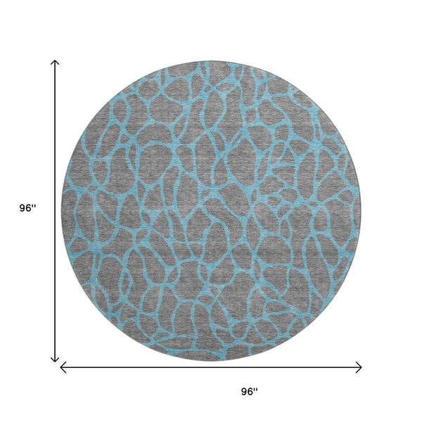 HomeRoots 8' Gray and Aqua Geometric Round Rug – Washable, UV-Protected, Stylish & Durable for Active Homes 680322