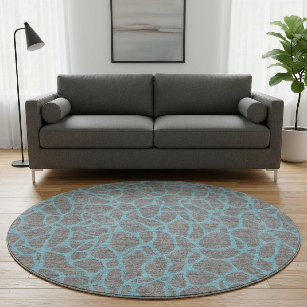 HomeRoots 8' Gray and Aqua Geometric Round Rug – Washable, UV-Protected, Stylish & Durable for Active Homes 680322