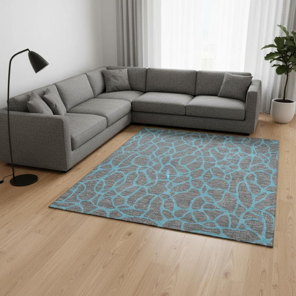 HomeRoots 8' X 10' Gray And Aqua Geometric Area Rug - Stylish, Washable, UV-Protected for Modern Homes & Patios 680323