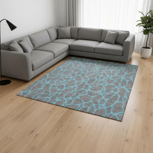 HomeRoots 9' X 12' Gray and Aqua Geometric Area Rug - Durable, Washable, UV-Protected for Modern Living Spaces 680324