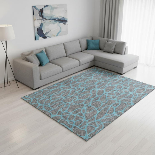 HomeRoots 10' X 14' Gray & Aqua Geometric Area Rug – Washable, UV-Protected, Durable Design for Busy Homes 680325