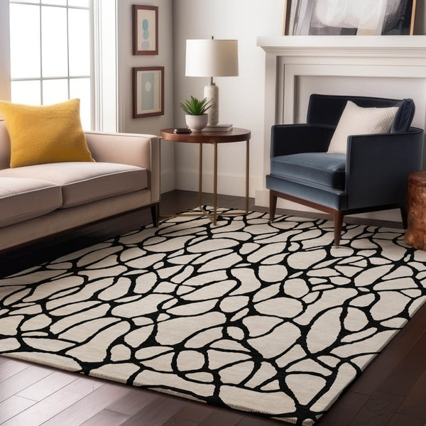 HomeRoots 5' x 8' Ivory and Black Geometric Washable Area Rug – Stylish, Durable, UV-Protected for Modern Homes 680327