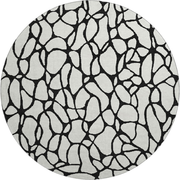 HomeRoots 8' Ivory and Black Geometric Round Rug - Washable, UV Protected, Durable Design for Busy Homes 680328