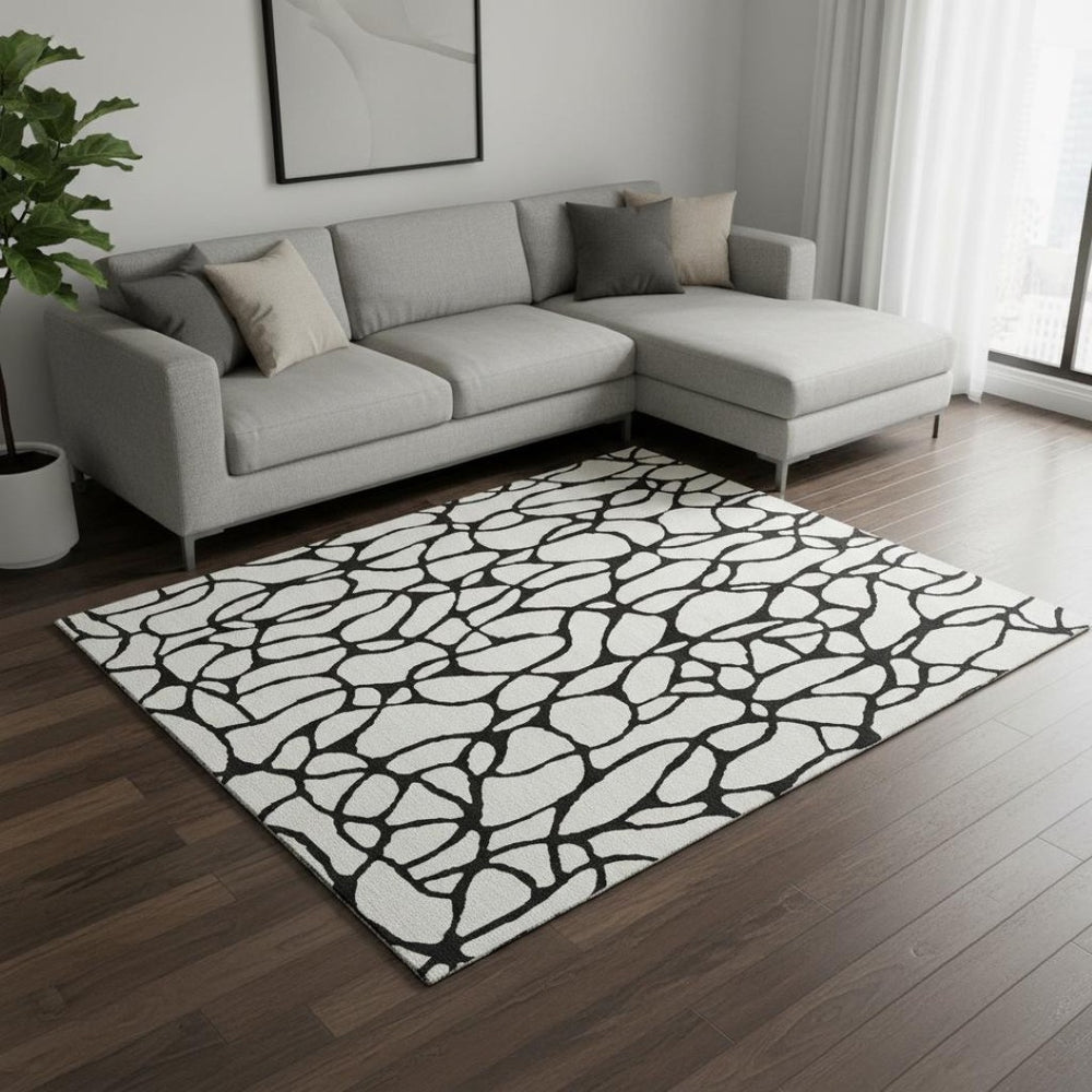 HomeRoots 8' X 10' Stylish Ivory and Black Geometric Washable Area Rug with UV Protection for Modern Homes 680329
