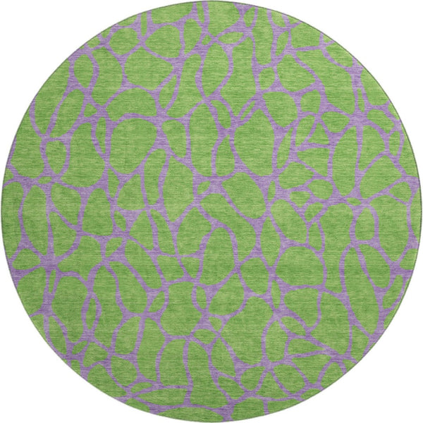 HomeRoots 8' Vibrant Lime Green & Purple Geometric Washable Round Rug with UV Protection for Indoor & Outdoor Spaces 680334