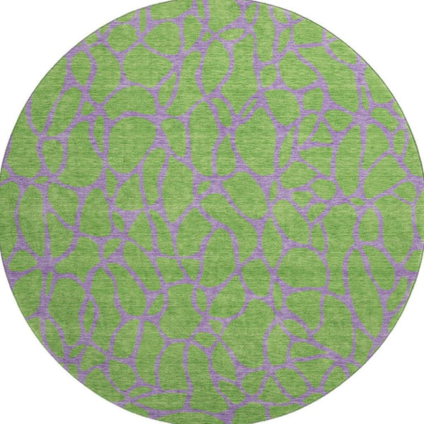 HomeRoots 8' Vibrant Lime Green & Purple Geometric Washable Round Rug with UV Protection for Indoor & Outdoor Spaces 680334