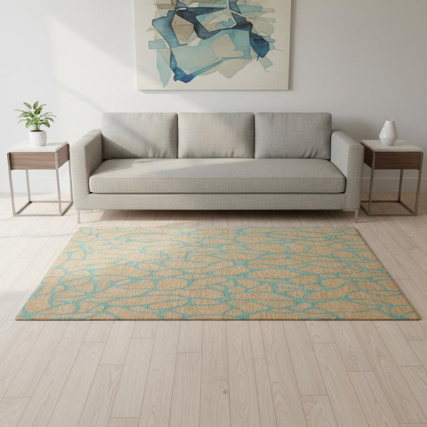 HomeRoots 5' X 8' Mint Green & Peach Geometric Washable Area Rug - Durable, UV-Protected, Easy-Care Design! 680339