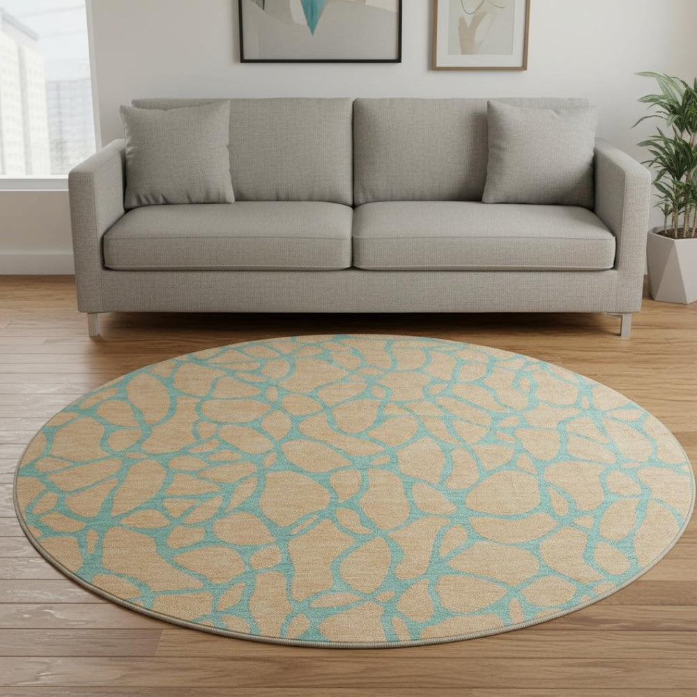 HomeRoots 8' Mint Green & Peach Geometric Washable Round Rug – Stylish, Durable, UV-Protected & Easy Care! 680340