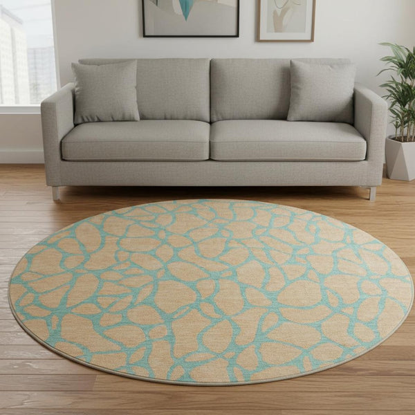 HomeRoots 8' Mint Green & Peach Geometric Washable Round Rug – Stylish, Durable, UV-Protected & Easy Care! 680340
