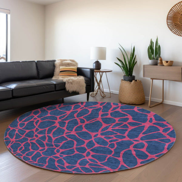 HomeRoots 8' Stylish Navy Blue & Pink Geometric Washable Round Rug with UV Protection for Modern Spaces 680346