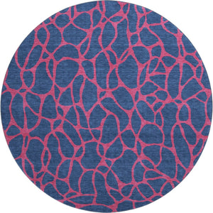 HomeRoots 8' Stylish Navy Blue & Pink Geometric Washable Round Rug with UV Protection for Modern Spaces 680346