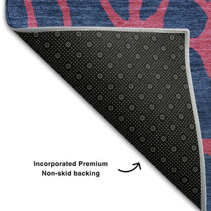 HomeRoots 8' Stylish Navy Blue & Pink Geometric Washable Round Rug with UV Protection for Modern Spaces 680346