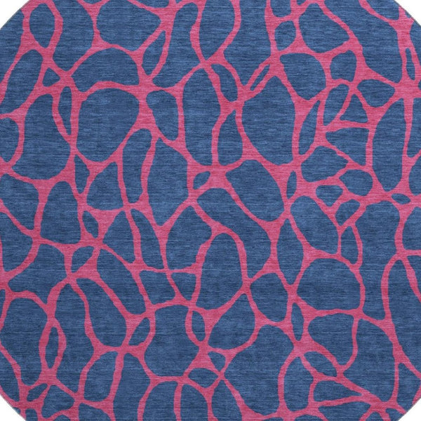 HomeRoots 8' Stylish Navy Blue & Pink Geometric Washable Round Rug with UV Protection for Modern Spaces 680346