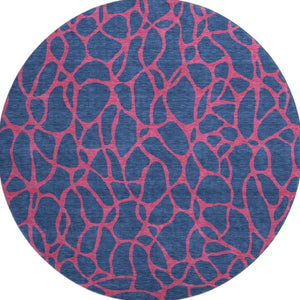 HomeRoots 8' Stylish Navy Blue & Pink Geometric Washable Round Rug with UV Protection for Modern Spaces 680346