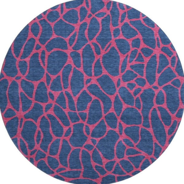 HomeRoots 8' Stylish Navy Blue & Pink Geometric Washable Round Rug with UV Protection for Modern Spaces 680346