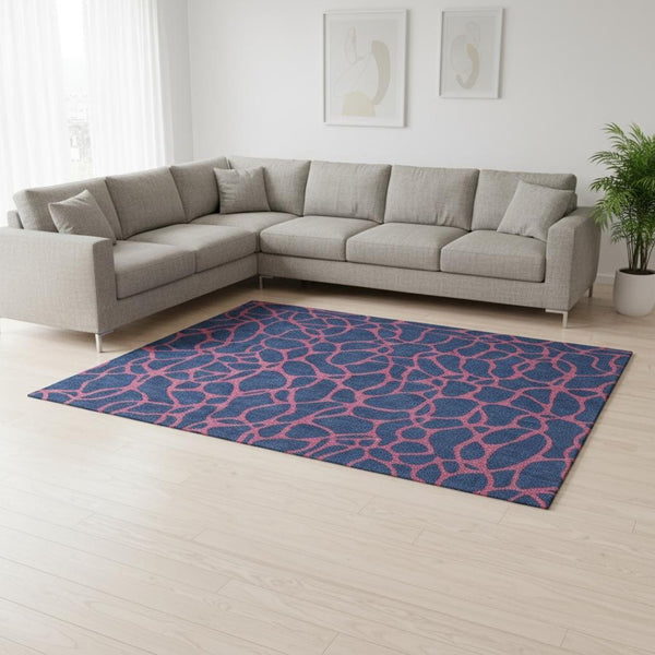HomeRoots 8' X 10' Navy Blue & Pink Geometric Area Rug – Washable, UV-Protected, Stain-Resistant, Durable Design 680347