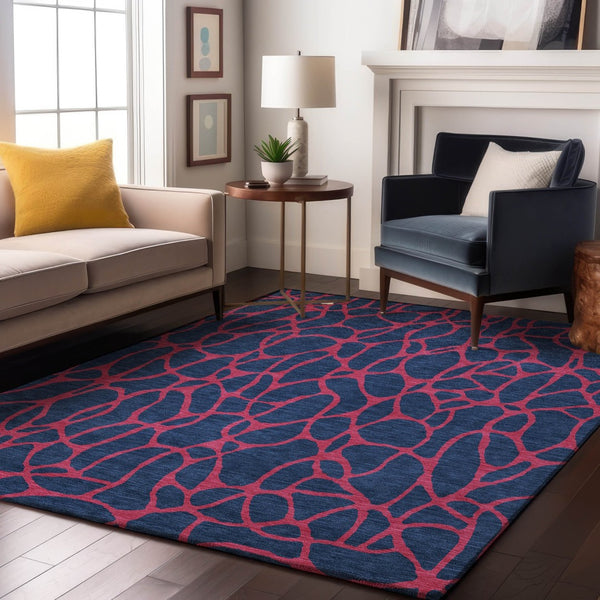 HomeRoots 8' X 10' Navy Blue & Pink Geometric Area Rug – Washable, UV-Protected, Stain-Resistant, Durable Design 680347