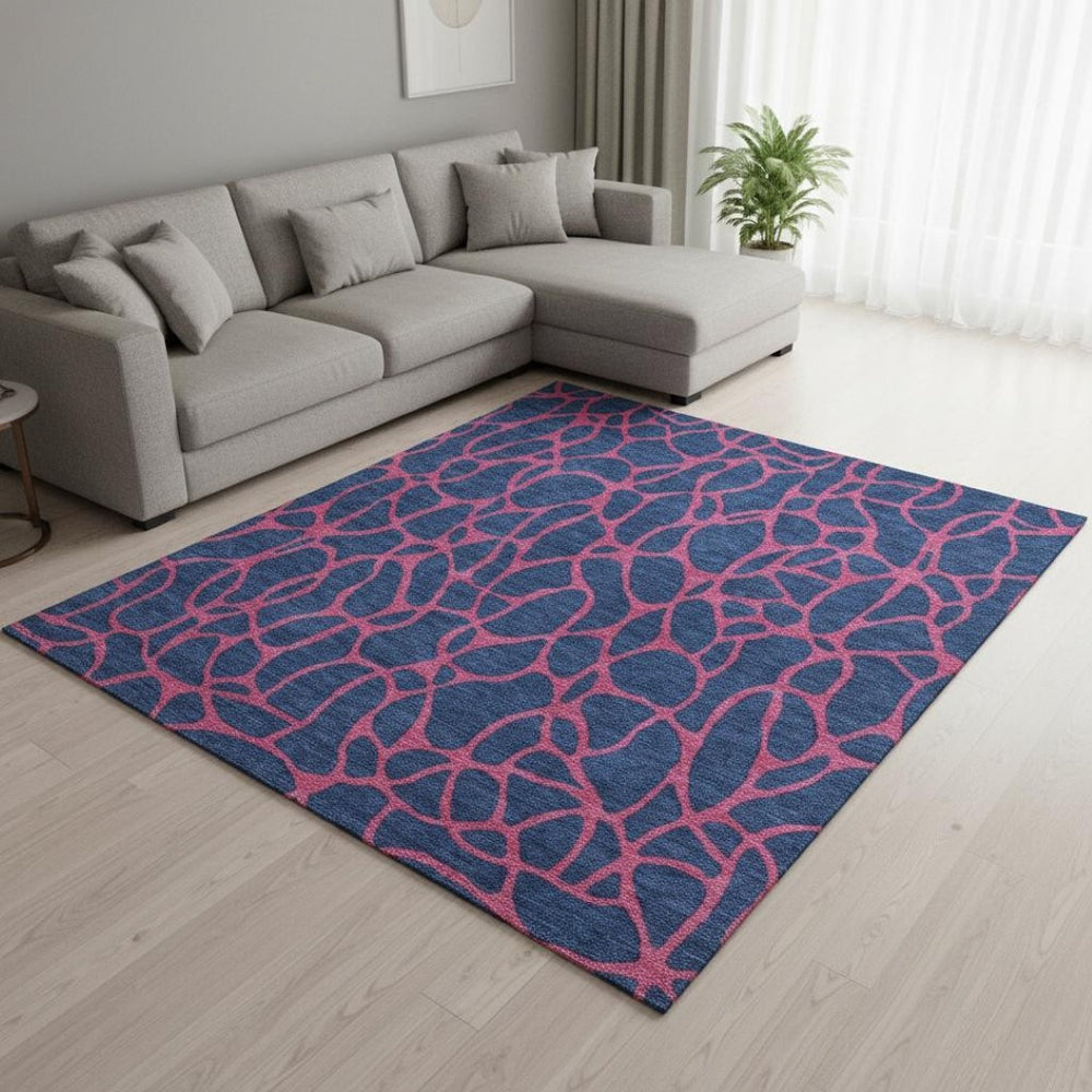 HomeRoots 10' X 14' Stylish Navy Blue and Pink Geometric Washable Area Rug - Stain Resistant & UV Protected! 680349
