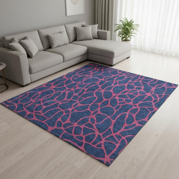 HomeRoots 10' X 14' Stylish Navy Blue and Pink Geometric Washable Area Rug - Stain Resistant & UV Protected! 680349