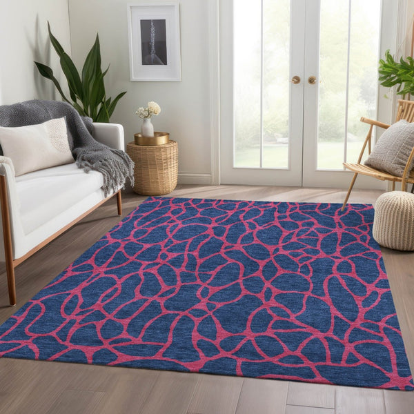 HomeRoots 10' X 14' Stylish Navy Blue and Pink Geometric Washable Area Rug - Stain Resistant & UV Protected! 680349