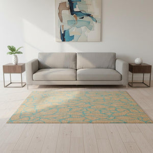 HomeRoots 5' X 8' Peach and Teal Geometric Area Rug - Stylish, Stain-Resistant, UV-Protected for Modern Homes 680351
