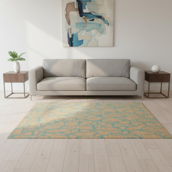 HomeRoots 5' X 8' Peach and Teal Geometric Area Rug - Stylish, Stain-Resistant, UV-Protected for Modern Homes 680351