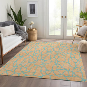 HomeRoots 5' X 8' Peach and Teal Geometric Area Rug - Stylish, Stain-Resistant, UV-Protected for Modern Homes 680351