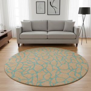 HomeRoots 8' Peach and Teal Geometric Round Rug - Washable, UV-Protected, Perfect for Kids and Pets! 680352