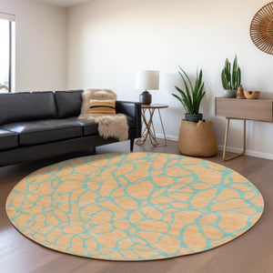 HomeRoots 8' Peach and Teal Geometric Round Rug - Washable, UV-Protected, Perfect for Kids and Pets! 680352