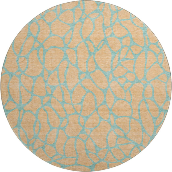 HomeRoots 8' Peach and Teal Geometric Round Rug - Washable, UV-Protected, Perfect for Kids and Pets! 680352