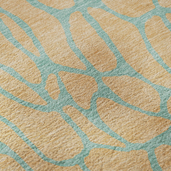 HomeRoots 8' Peach and Teal Geometric Round Rug - Washable, UV-Protected, Perfect for Kids and Pets! 680352