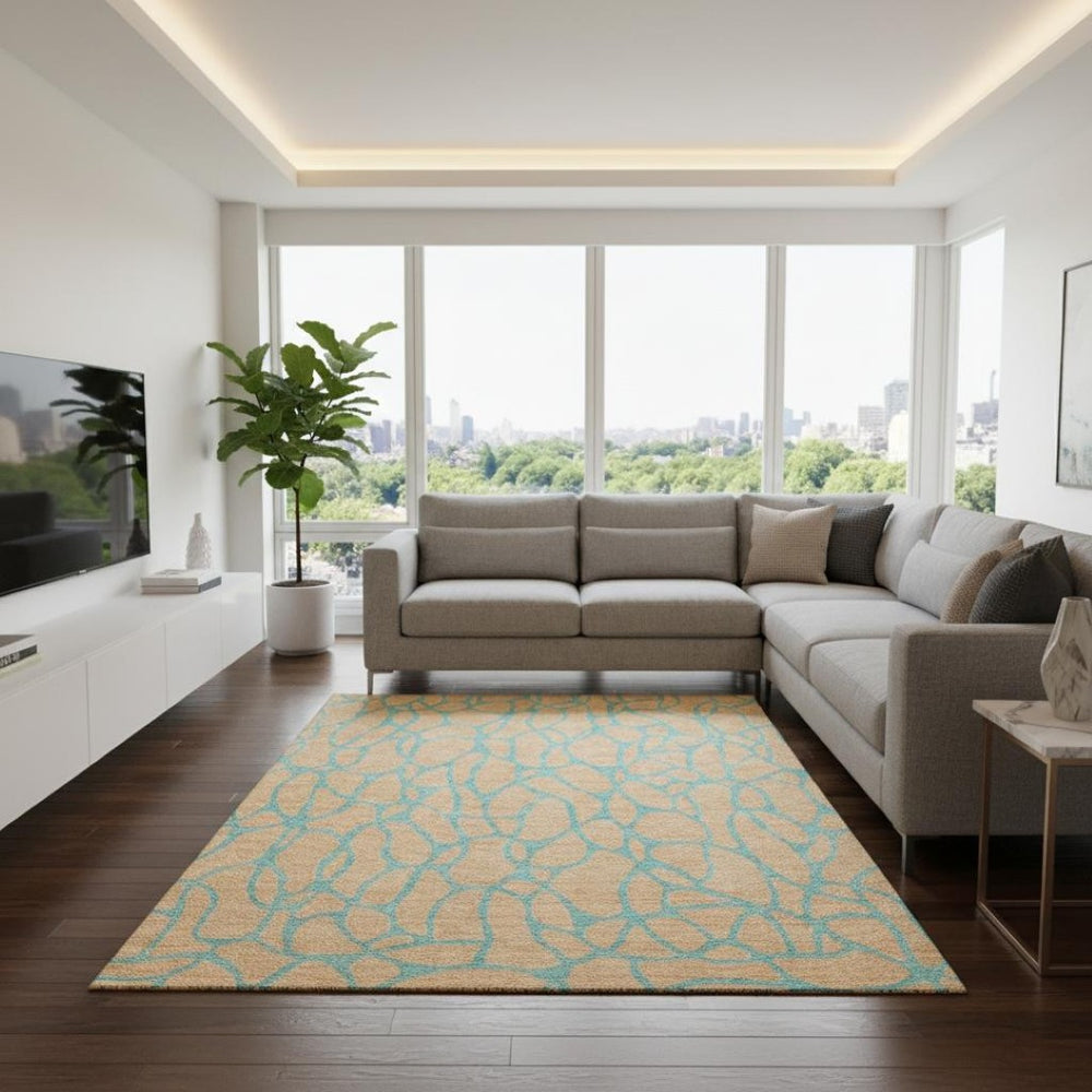 HomeRoots 9' X 12' Peach and Teal Geometric Area Rug - Stylish, Washable, UV-Protected for Modern Homes 680354