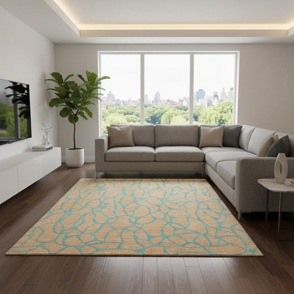 HomeRoots 10' X 14' Peach And Teal Geometric Area Rug - Washable, UV-Protected, Durable for High-Traffic Homes 680355