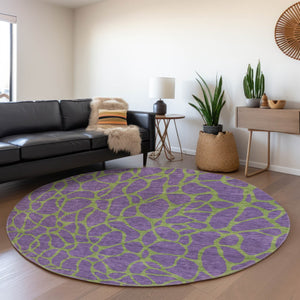 HomeRoots 8' Bold Purple and Green Geometric Washable Round Rug with UV Protection for Modern Homes 680358