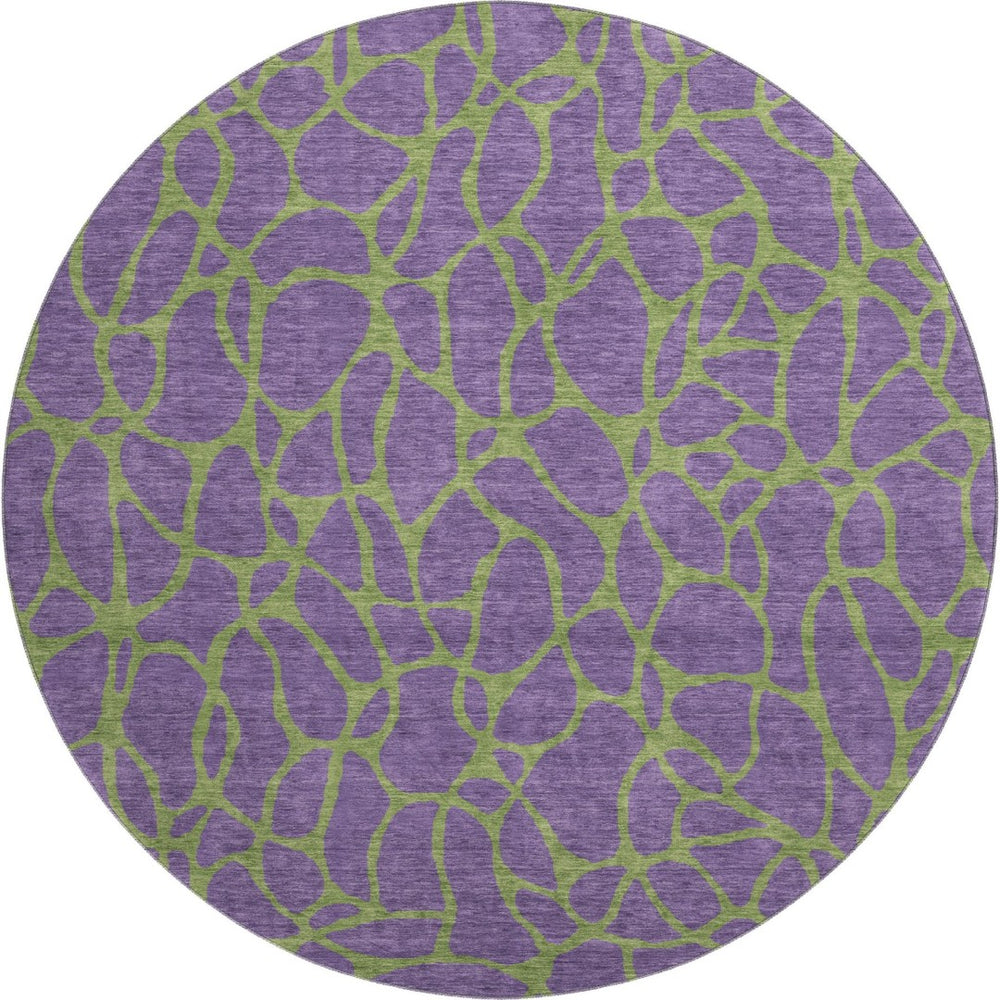 HomeRoots 8' Bold Purple and Green Geometric Washable Round Rug with UV Protection for Modern Homes 680358