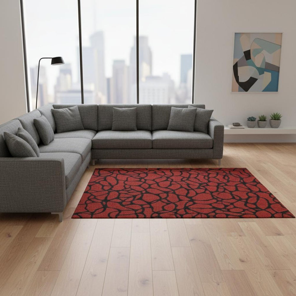 HomeRoots 8' X 10' Red and Black Geometric Washable Area Rug – UV Protected, Slip-Resistant, Modern Style 680365