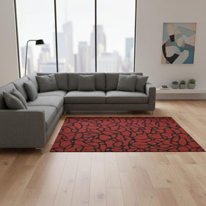 HomeRoots 8' X 10' Red and Black Geometric Washable Area Rug – UV Protected, Slip-Resistant, Modern Style 680365
