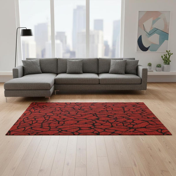 HomeRoots 9' X 12' Red and Black Geometric Area Rug - Washable, UV-Protected, Durable Design for Busy Homes 680366