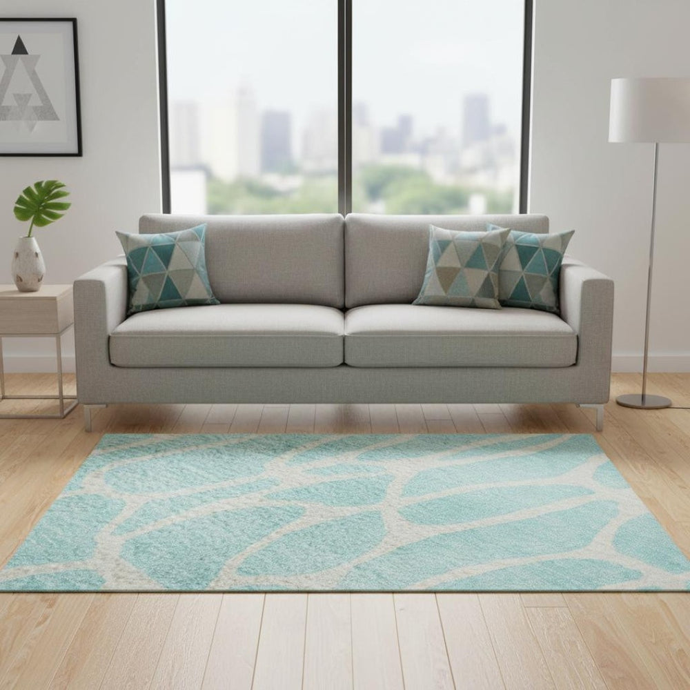 HomeRoots 5' Aqua & Ivory Geometric Washable Area Rug - Stain Resistant, UV Protected, Perfect for High-Traffic Rooms 680369