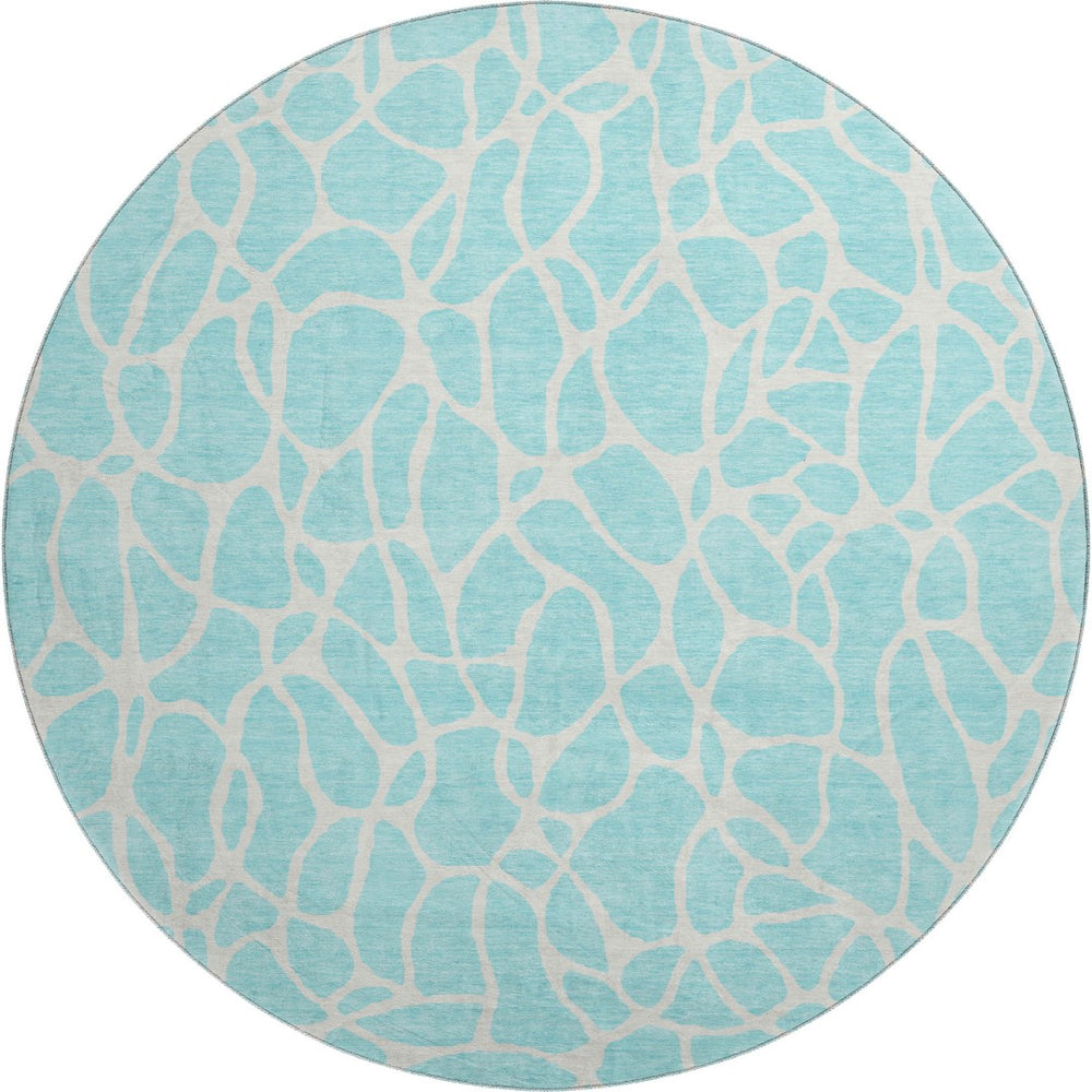 HomeRoots 8' Aqua & Ivory Geometric Round Rug - Washable, UV-Protected, Durable Design for Busy Homes 680370