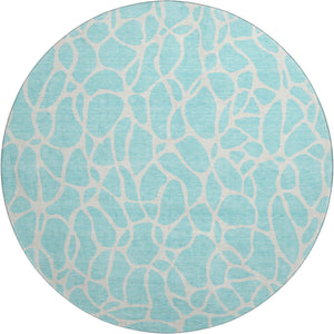 HomeRoots 8' Aqua & Ivory Geometric Round Rug - Washable, UV-Protected, Durable Design for Busy Homes 680370
