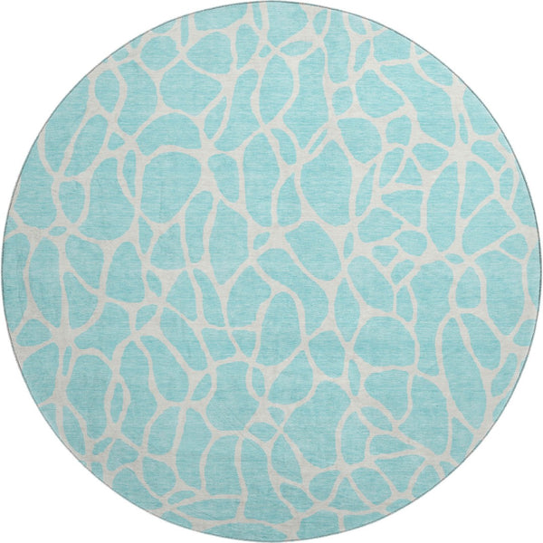 HomeRoots 8' Aqua & Ivory Geometric Round Rug - Washable, UV-Protected, Durable Design for Busy Homes 680370